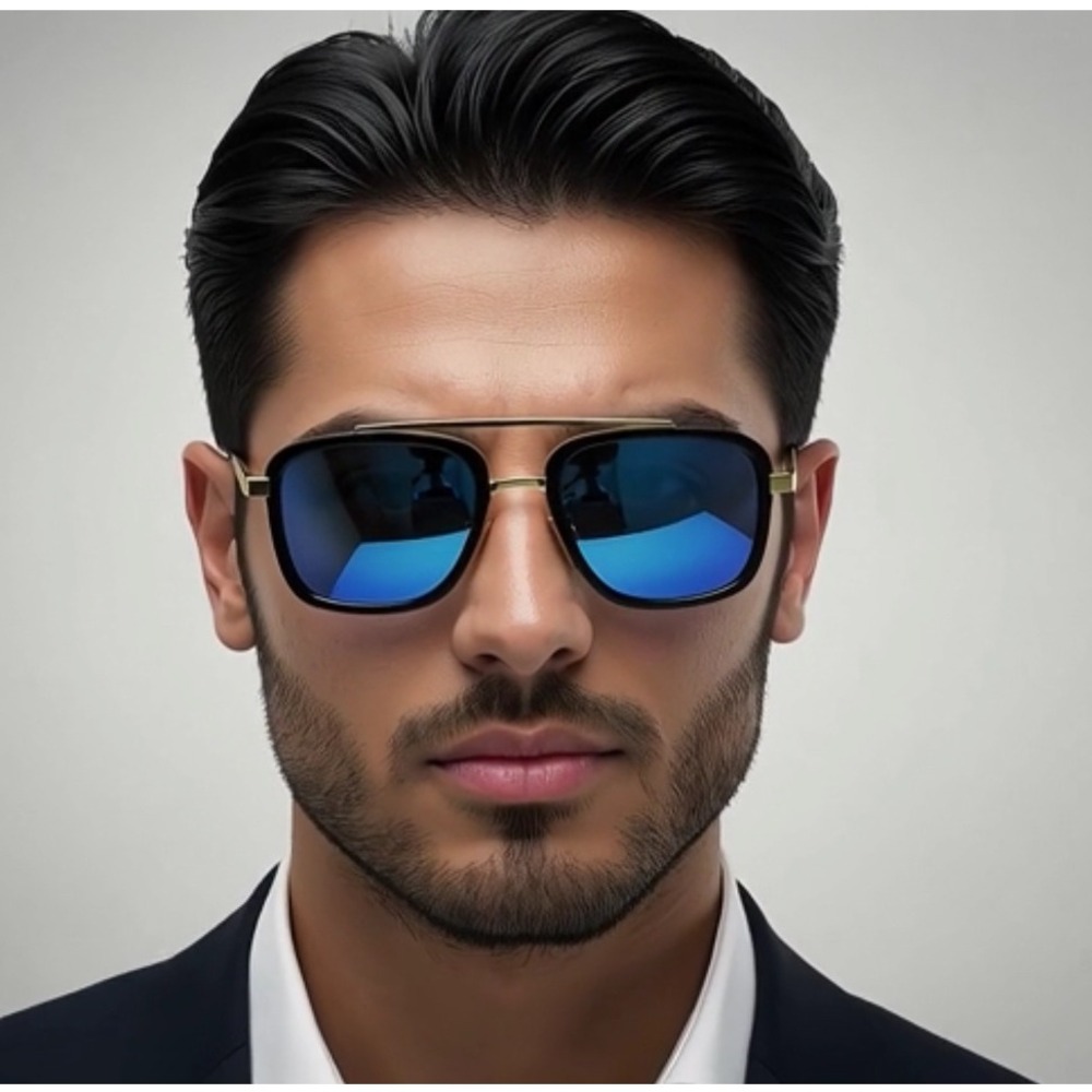 Sunglasses Men Blue Mirror Lens Outdoor‎ Driving Shades Gold Metal Luxury Design